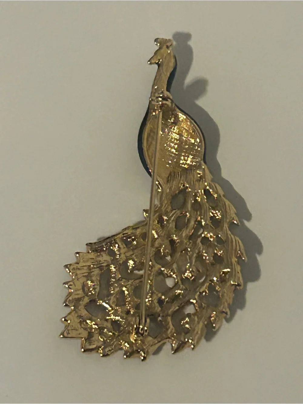 Vintage Peacock Animal Black Enamel Gold And Clear Rhinestone Brooch Pin